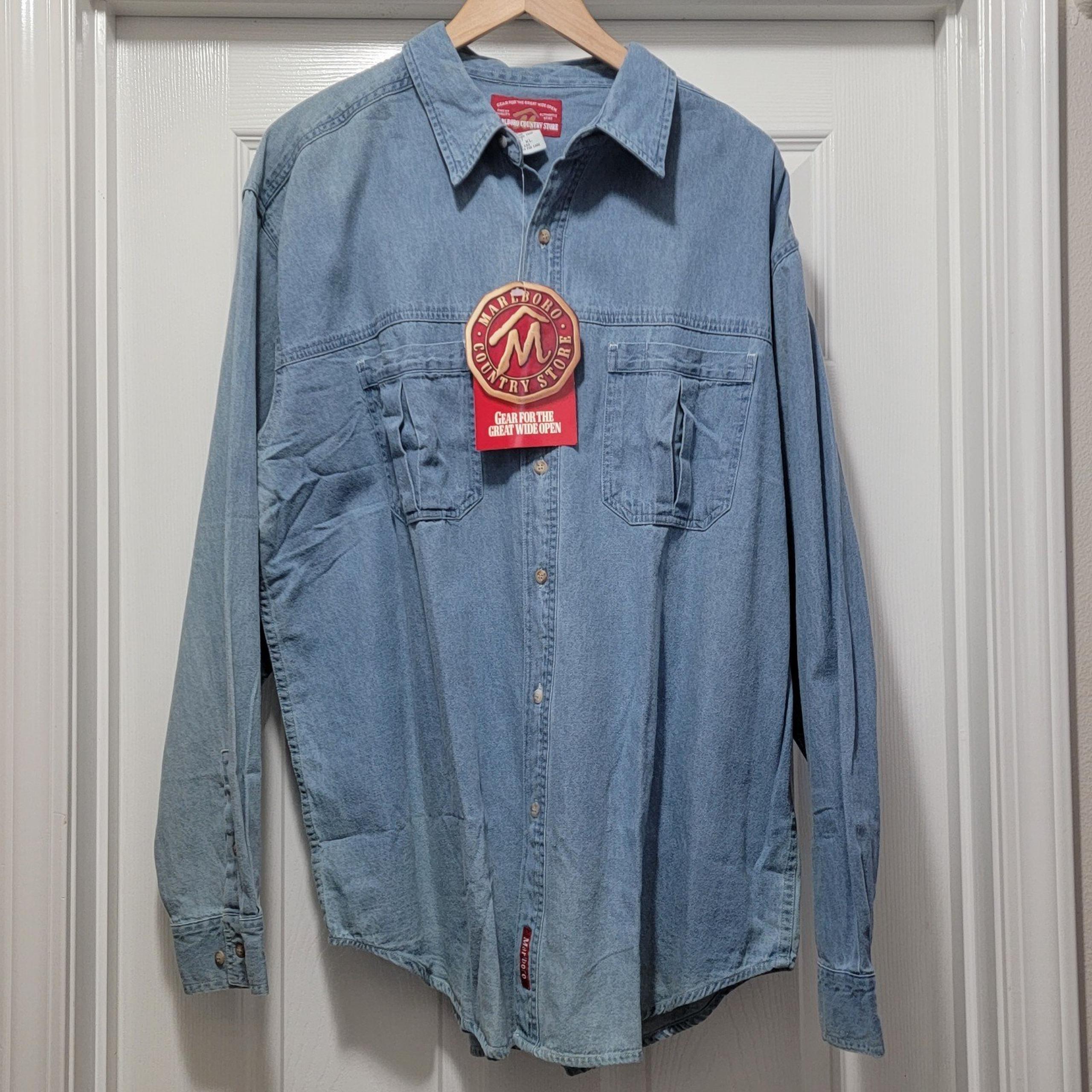 New Marlboro Country Store Blue Denim Leather Trim Western Button Shirt Men's 2X