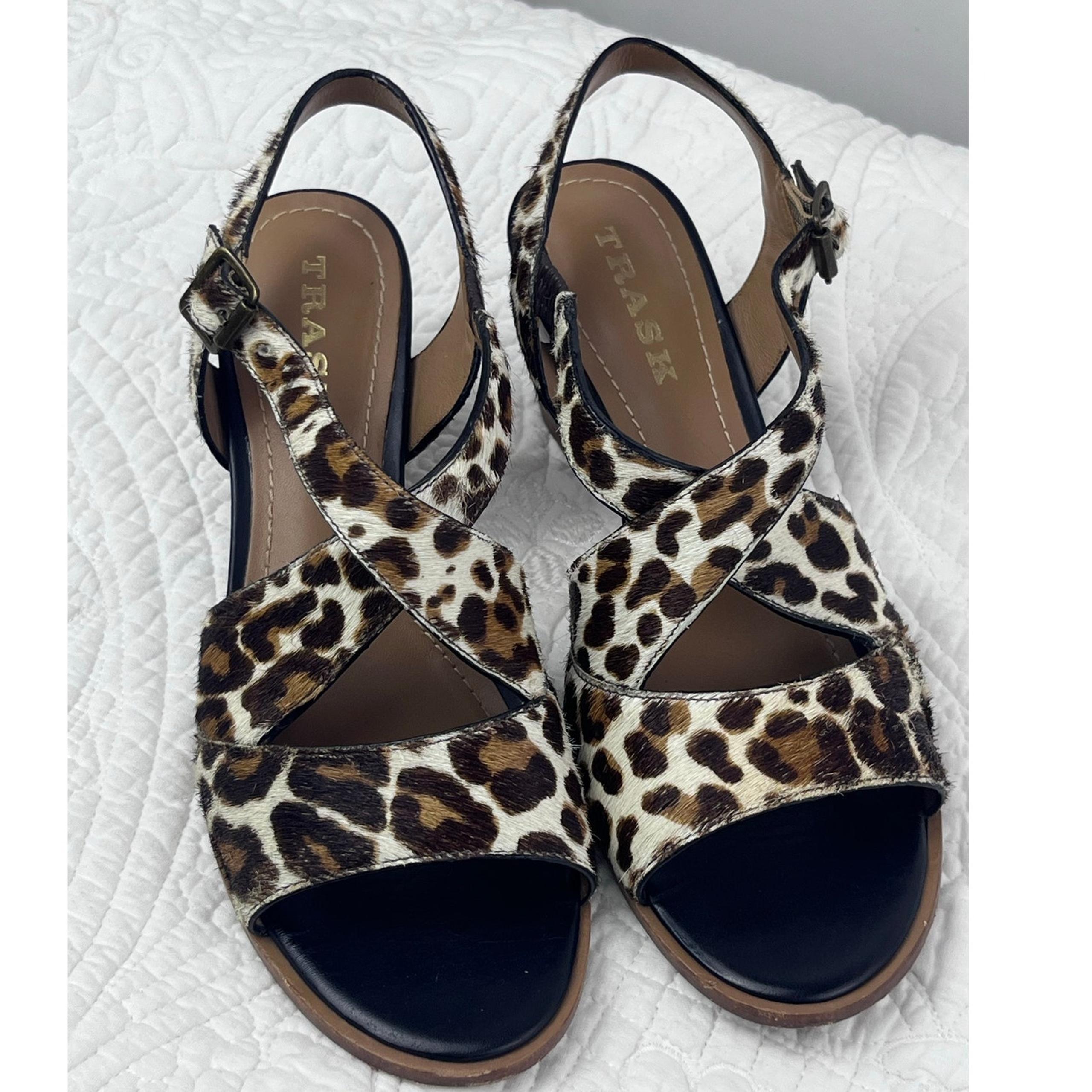 Trask Women's Size 8 White/Brown Cowhide Buckle Open Toe Slip On Heel Sandal
