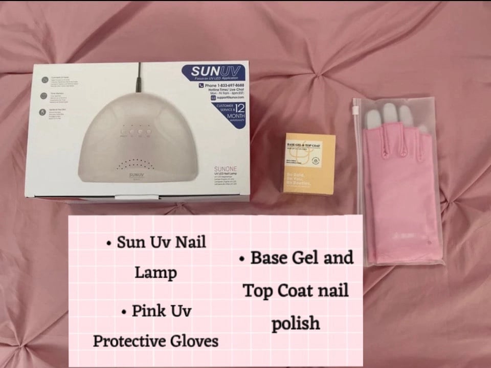 Manicure Nail Uv Light + Uv protection gloves + top and base nail coat polish