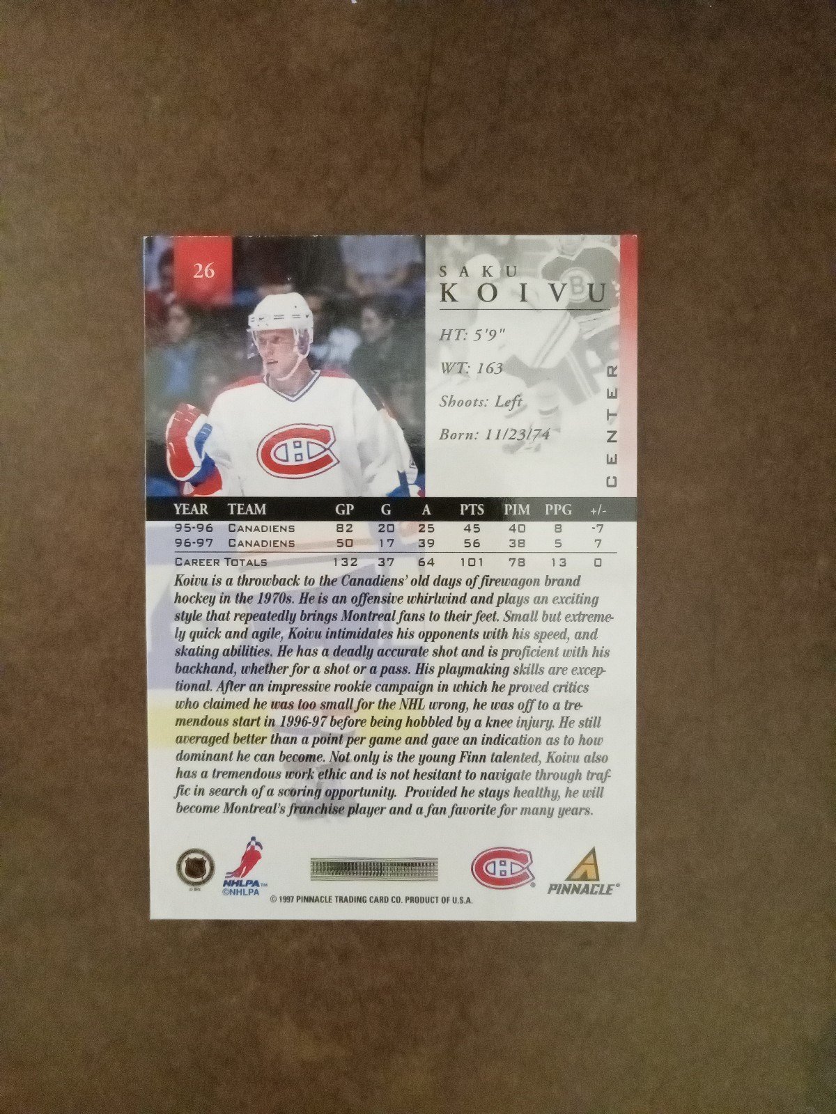 Saku Koivu 1997-98 Pinnacle Hockey Card #26 Montreal Canadiens - detail