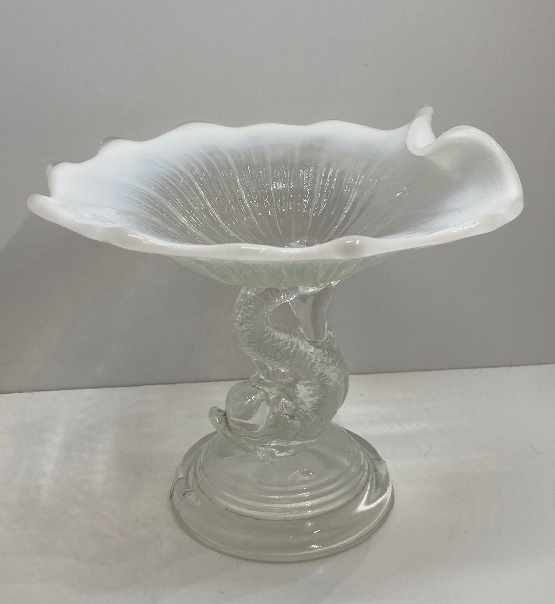VTG Northwood White Opalescent Glass Dolphin Fish Compote Dish VTG Northwood White Opalescent Glass Dolphin Fish Compote Dish