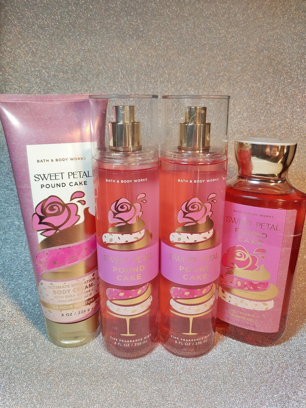 Bath & Body Works Sweet Petal Pound Cake 4 Piece Set.