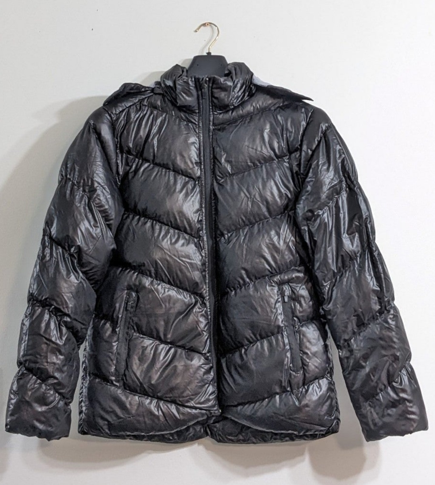 Women's New Black Puffer Coat With Hood, Size Medium