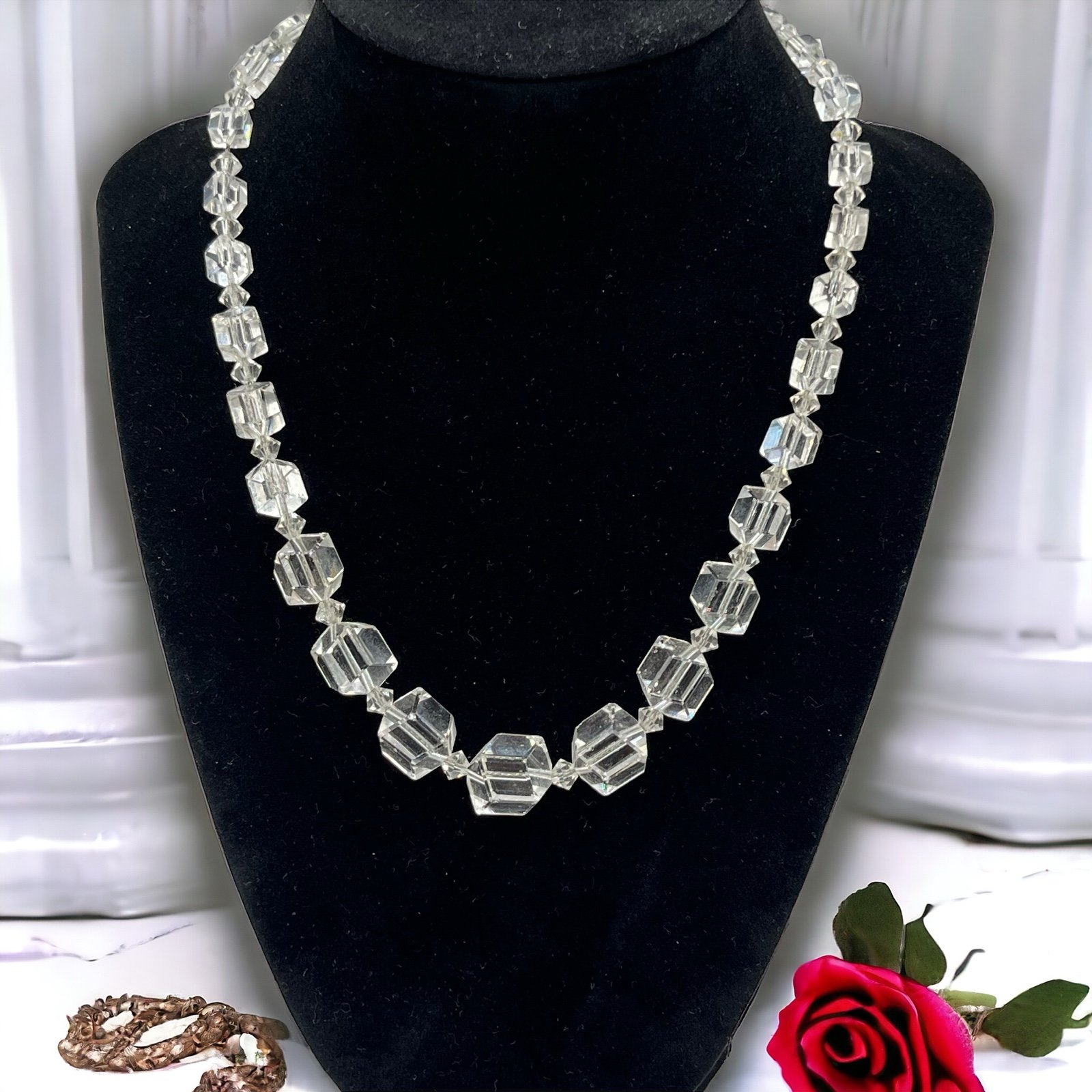 Art Deco Faceted Glass Clear Crystal Rock Beaded Chunky Choker Necklace 16”