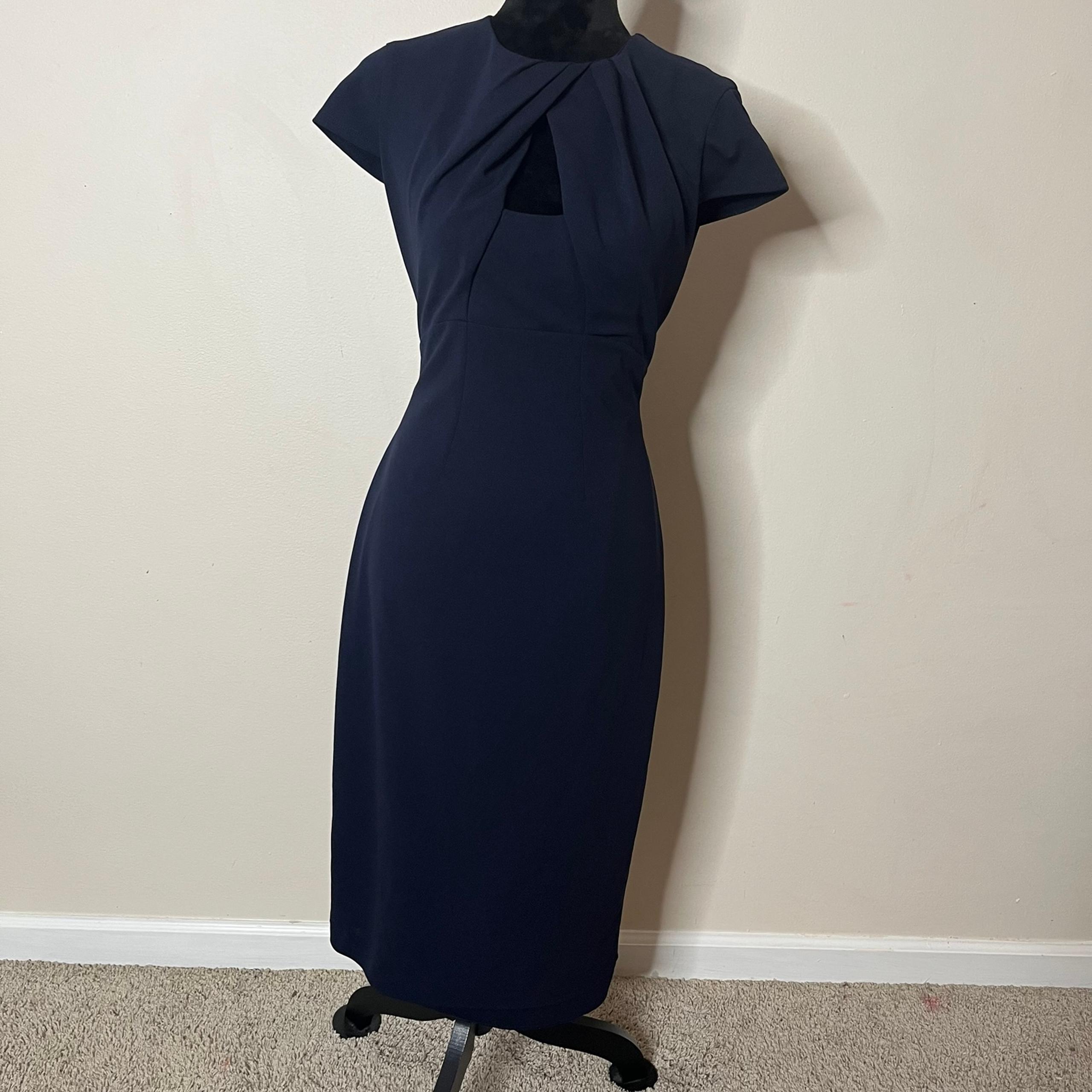 Alexia Admor Women’s Navy Short Sleeve Draped Keyhole Midi Sheath Dress Sz M