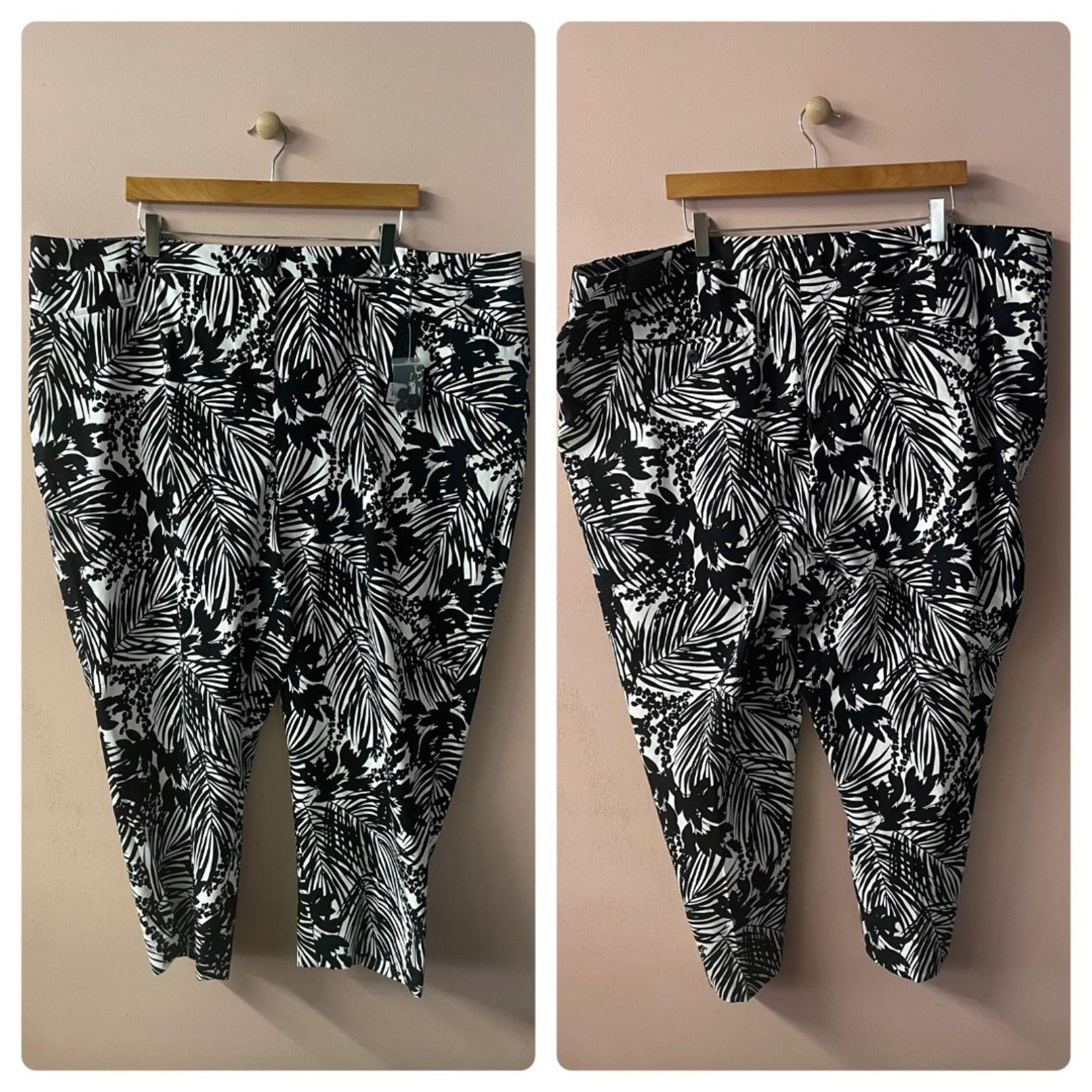 Lane Bryant Cotton Smart Stretch White/Black Tropical Leaf Print Pants Sz 28 NWT