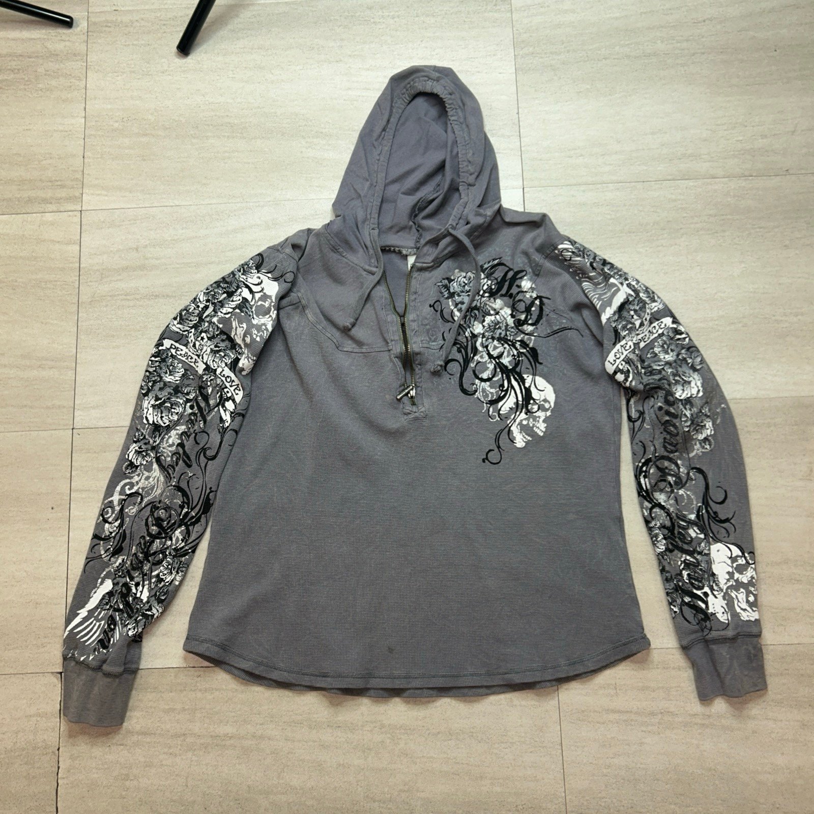 Vtg Harley Davidson Womens XL? Tribal Flower Thermal Waffle Knit Half Zip Hoodie