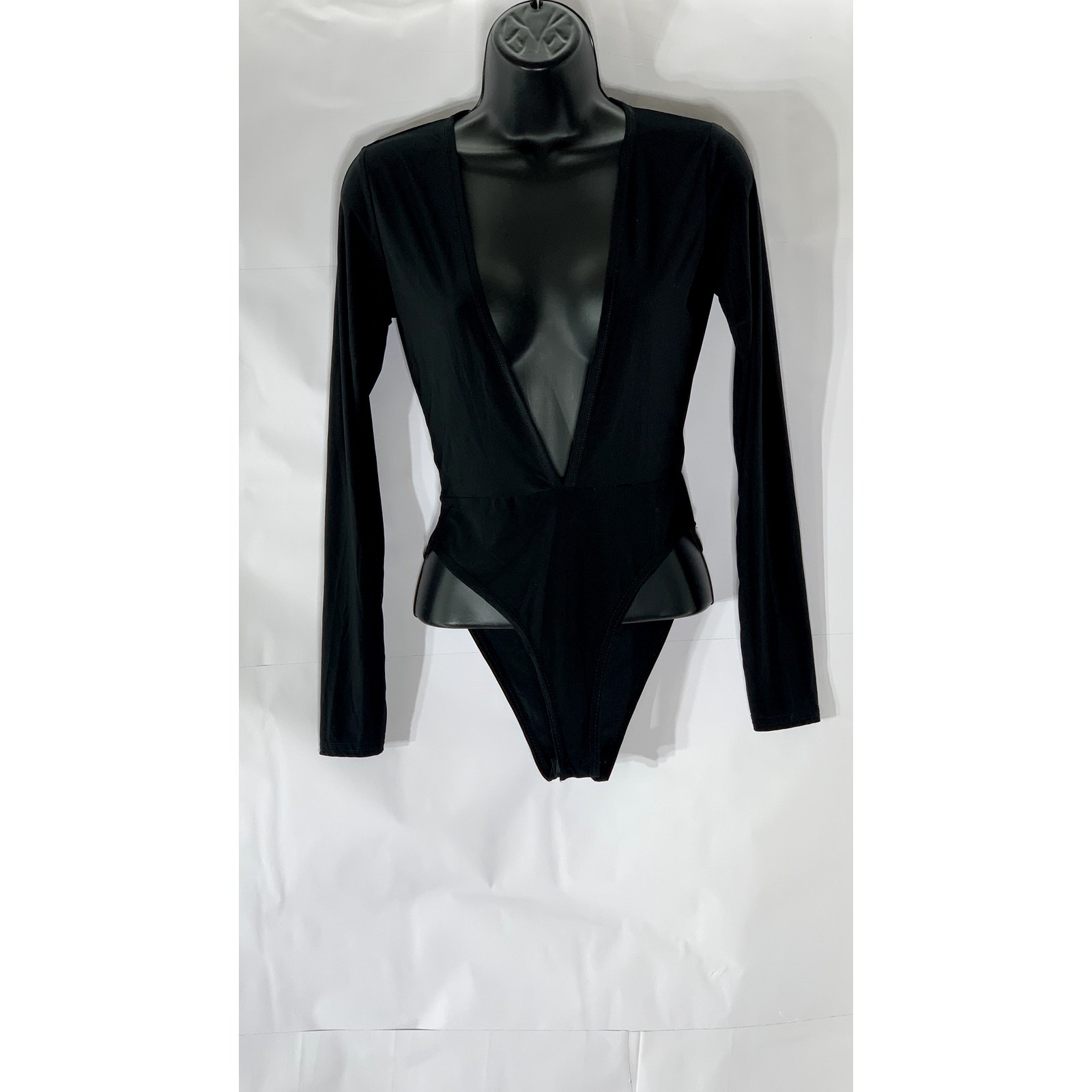 NASTY GAL Women's Black Semi-Sheer Plunging V-Neck Long Sleeve Bodysuit SZ 4