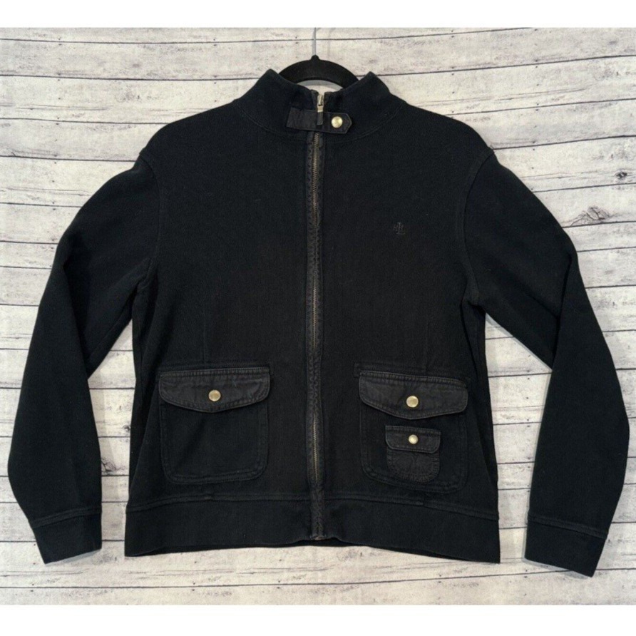 Lauren By Ralph Lauren Womens Sweater Sz M Full Zip Up Black Racer Jacket LS