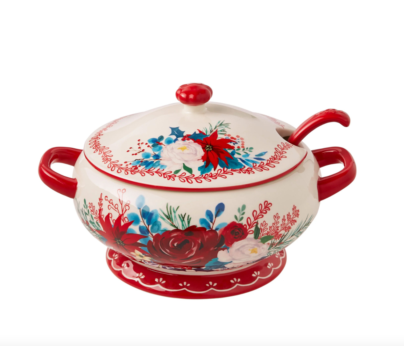 Pioneer Woman Soup Tureen with Ladle Wishful Winter Floral Red Ceramic 3Qt New