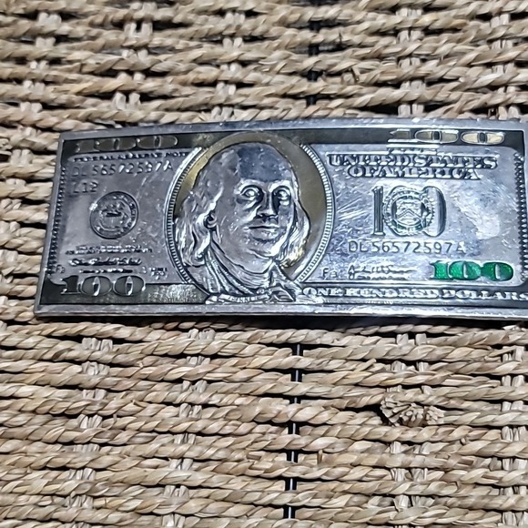 Vintage Belt Buckle 100 Dollar Bill Benjamin Green Cash Money Bucks