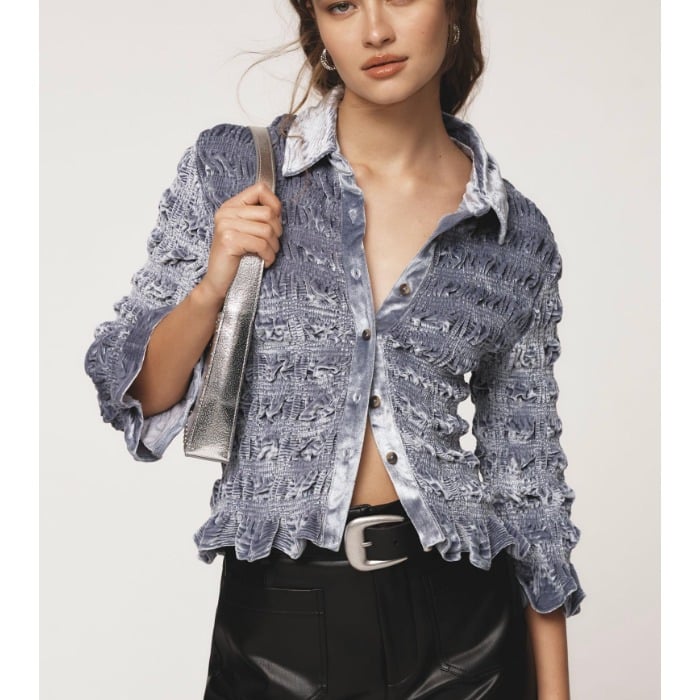 Anthropologie Maeve Shirred Velvet Buttondown Tee Size L Iris Blue Cropped Shirt