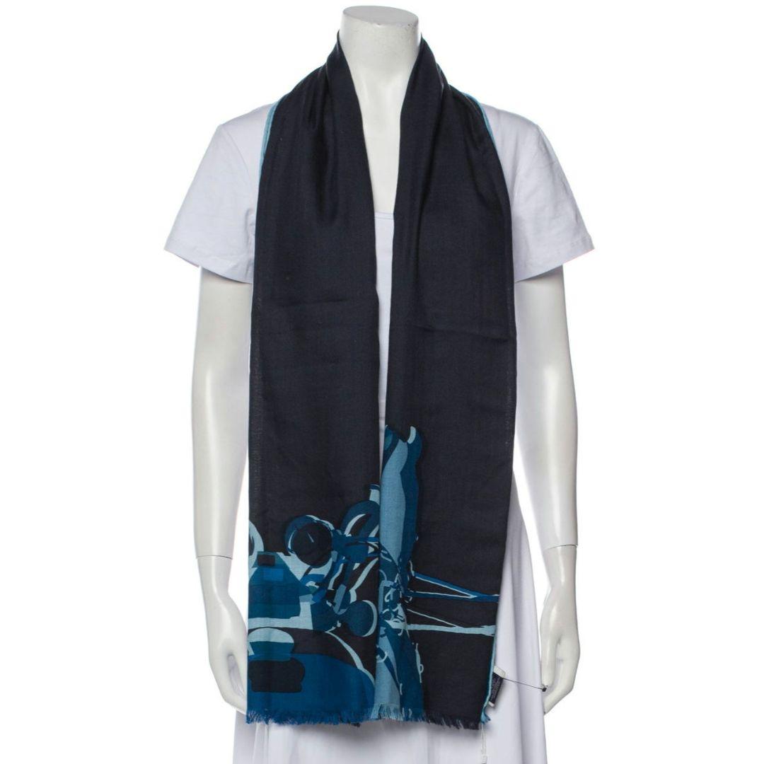 21AW HERMES Rectangle Cashmere Silk Scarf Navy
