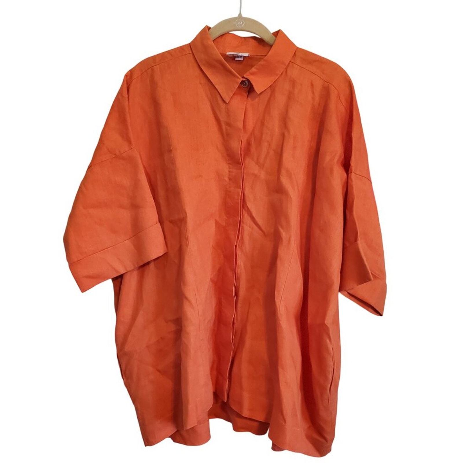 Planet by Lauren G Orange Linen One Size Short Sleeve Flowy Button Up Shirt