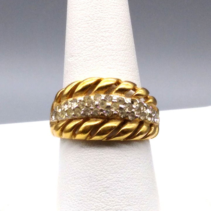 Vintage Men's Low Profile Statement Ring in Gold Tone with Clear Crystal Pave