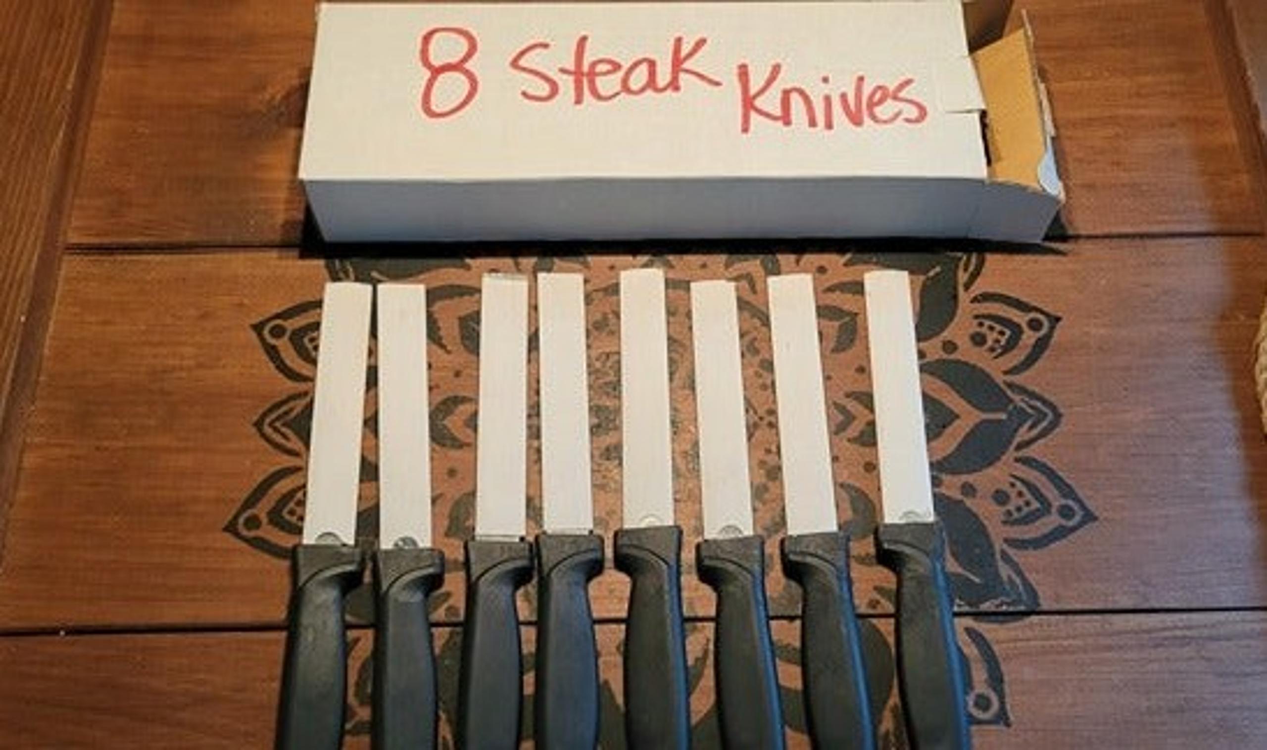 NEW Steak Knives Serrated Stainless Steel Blade Black Handle Set 8 - Pfaltzgraff