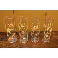 Vintage Set 4 MCM Federal Glass Pink Elephant & Monkey Musical Notes Highball 7