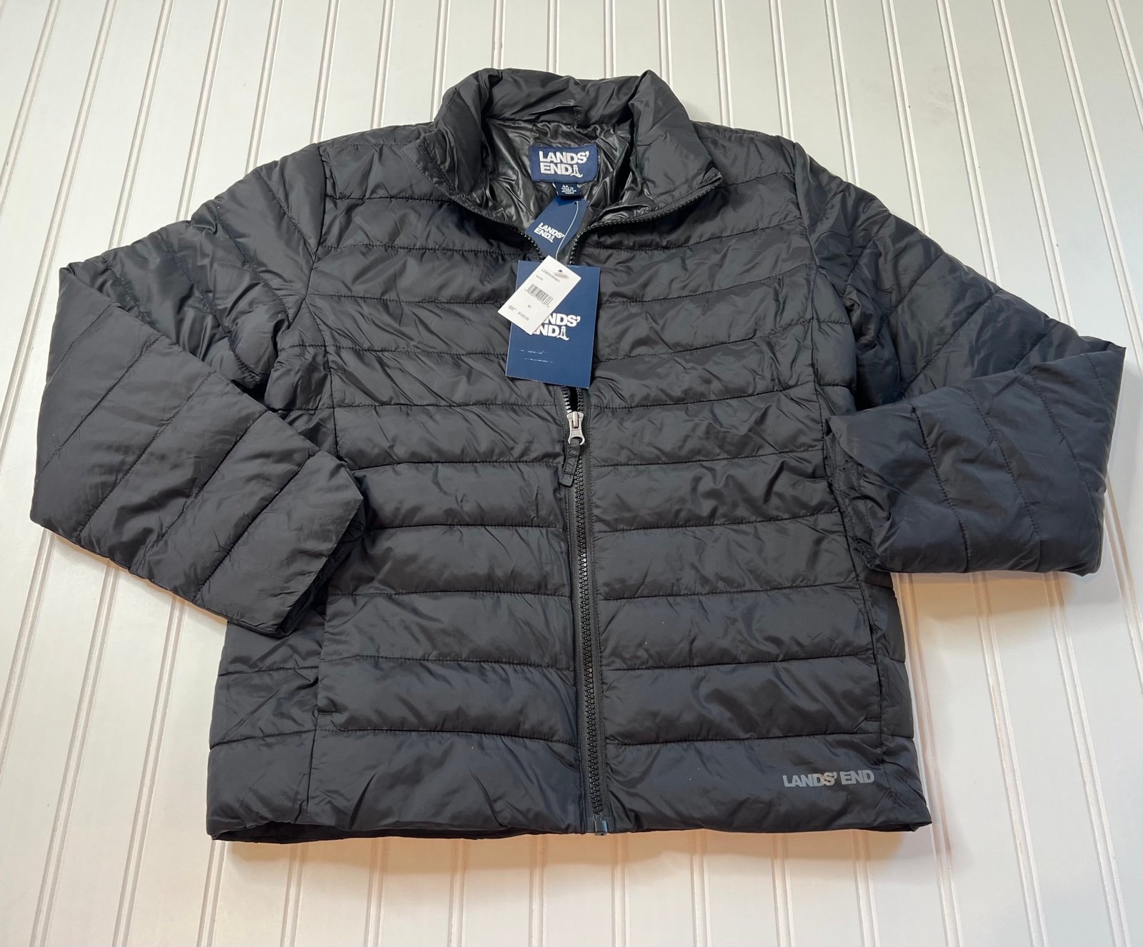 Lands' End Boys Girls Kids Packable Puffer Jacket Coat Black Medium 10 12 NEW