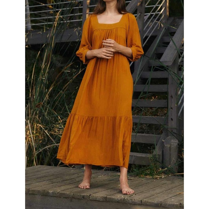 Christy Dawn Bianca Womens Puff 3/4 Sleeve Turmeric Square Neck Maxi Dress XS