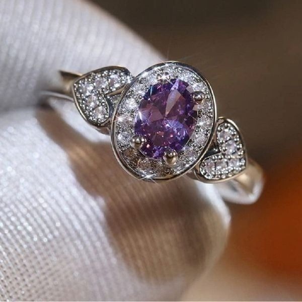 Silver Plated Amethyst Ring Heart Shaped Cubic Zirconia Size 10