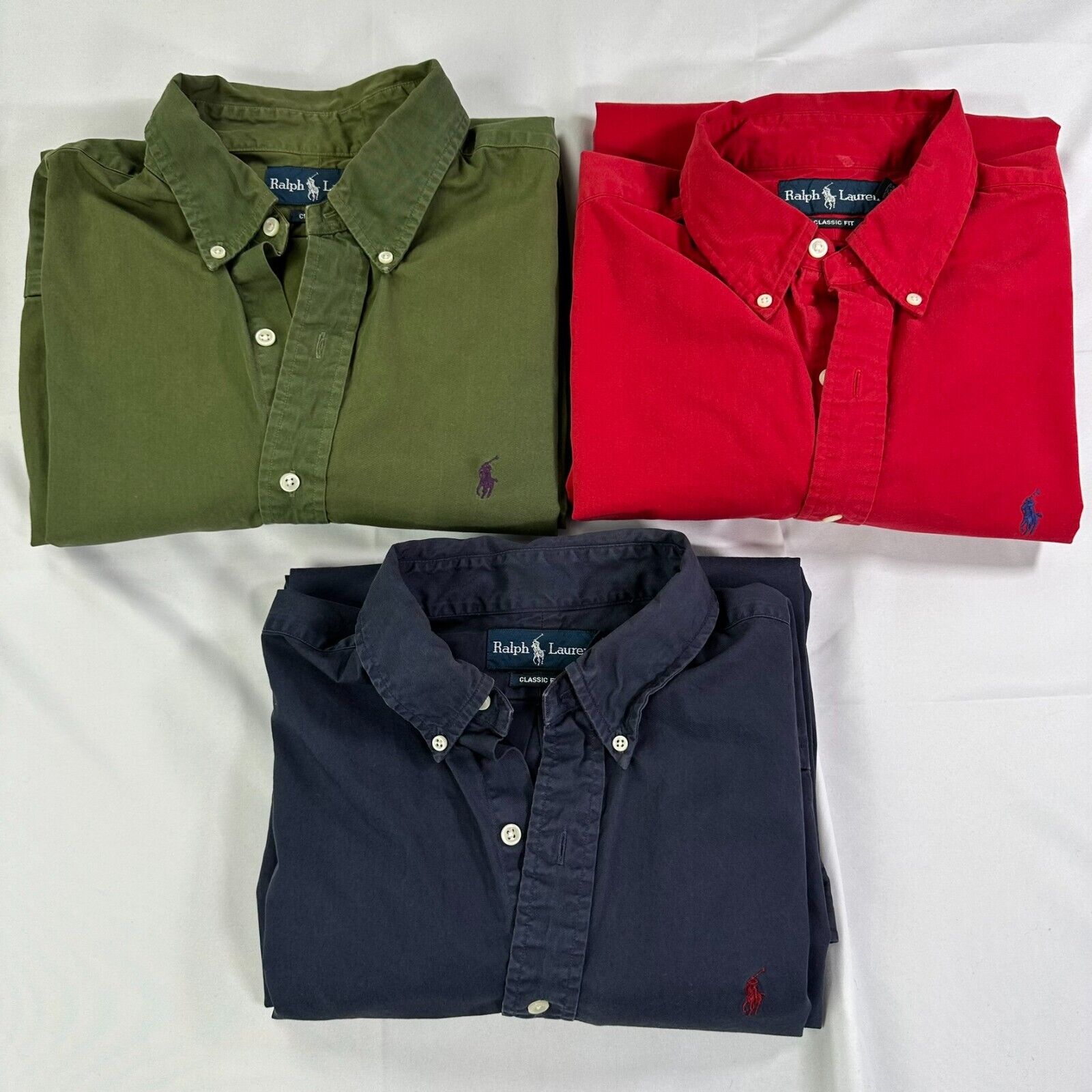 Vintage Polo Ralph Lauren Mens L Classic Fit Lot of 3 100% Cotton Red Blue Green