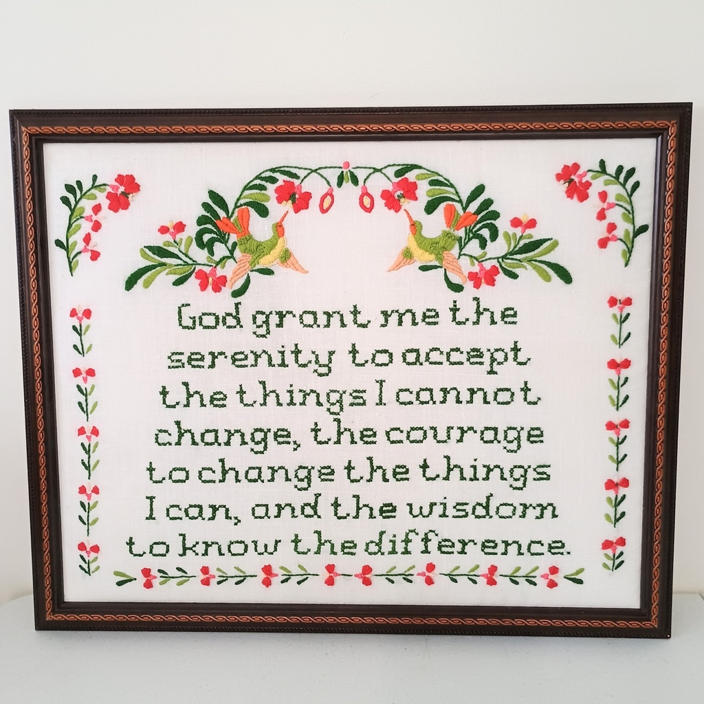Vintage Framed Crewel Embroidery Sampler Serenity Prayer God Grant Me 16x20