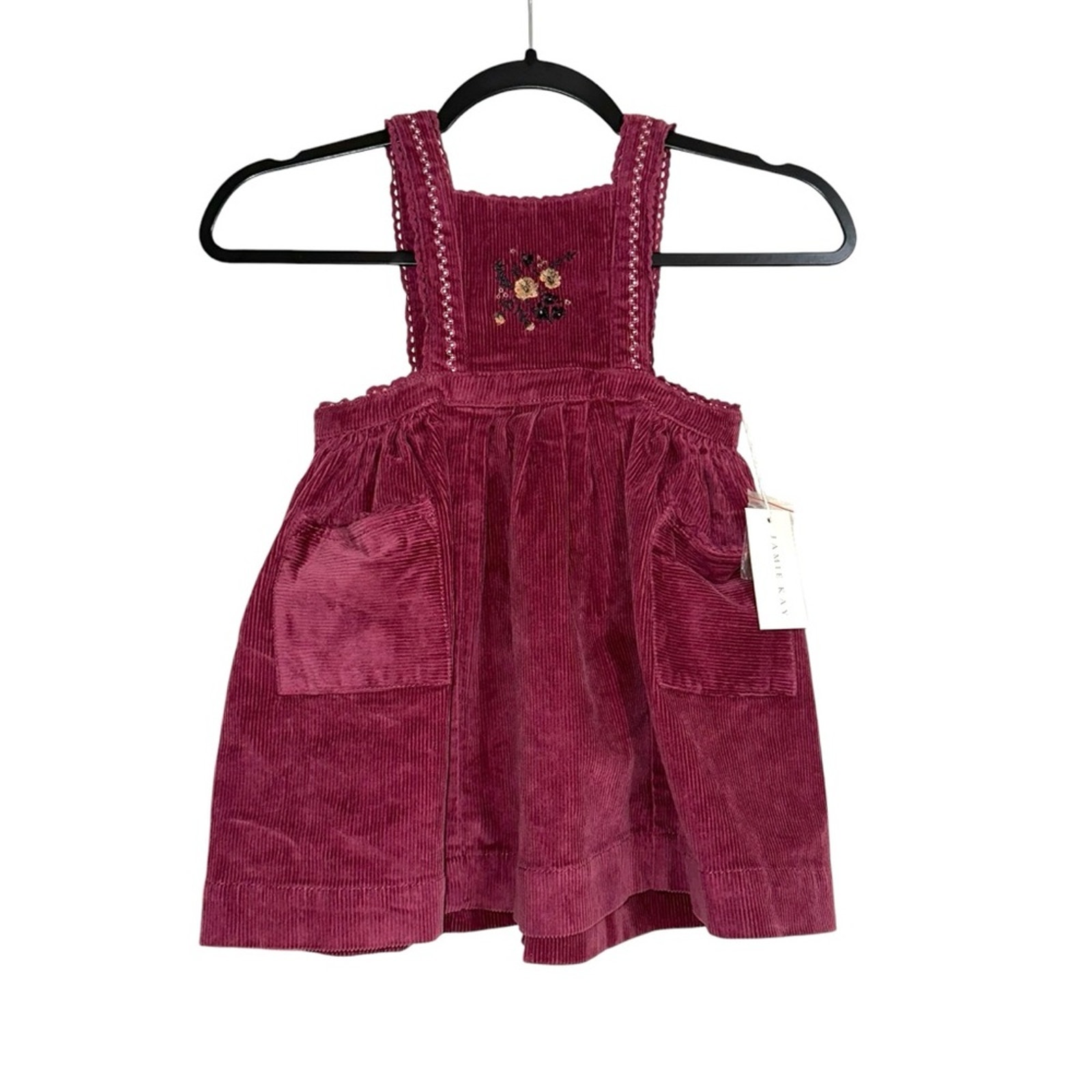 NWT Jamie Kay Corduroy Burgundy Overall Embroidered Dress 3Y