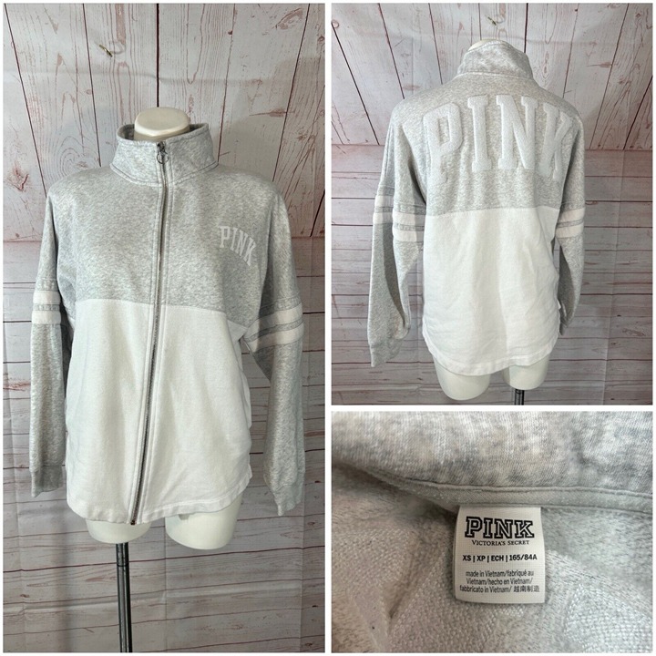 PINK Victoria Secret Fleece Zip Up Sweatshirt Size XS Gray white color block