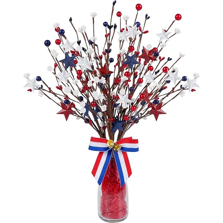 New 4 Pack Patriotic Artificial Berry Stems White Blue Red Stars for 4th of July