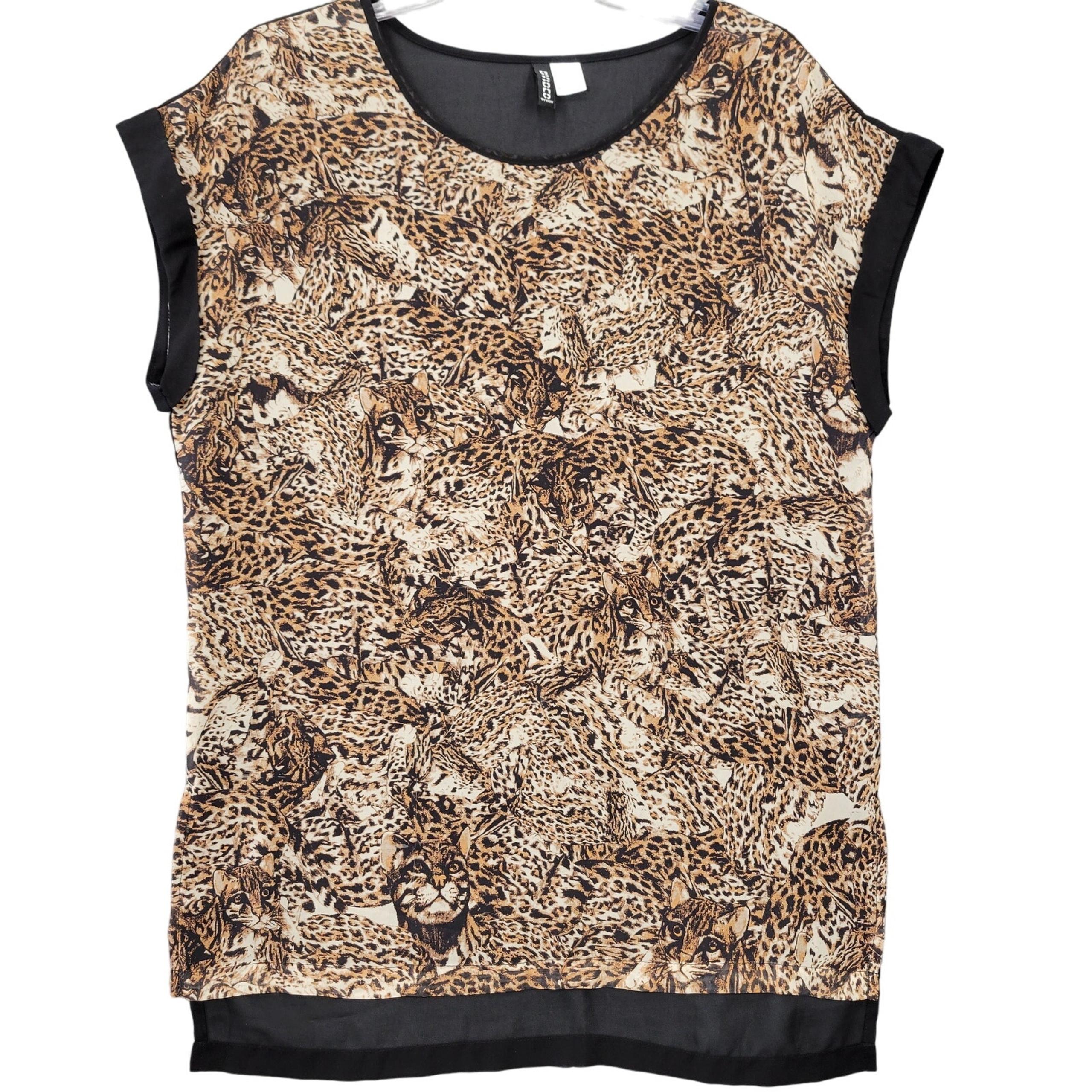 Divided By H&M Short Cap Sleeve Blouse Womens 4 Brown Leopard Print Safari Top
