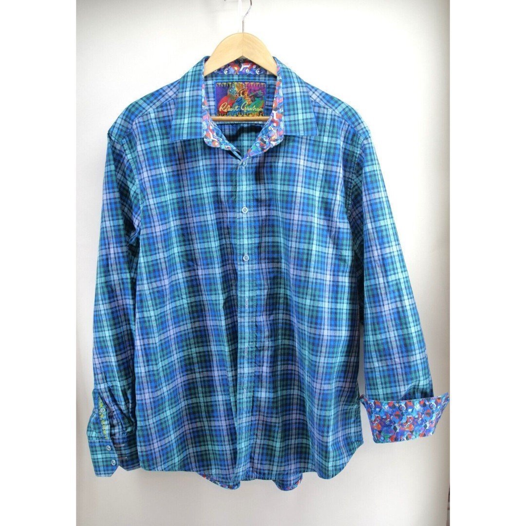 ROBERT GRAHAM Men Navy Blue L Football Sport Shirt 3XL Plaid Button up