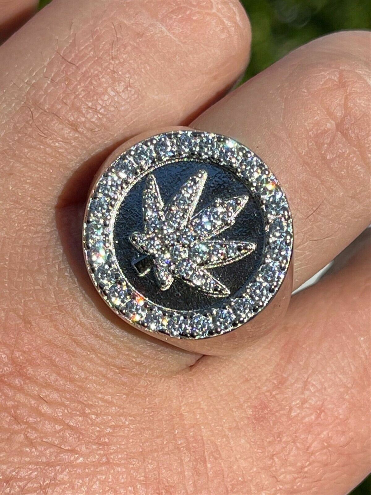 Solid 925 Sterling Silver Iced Weed Ring