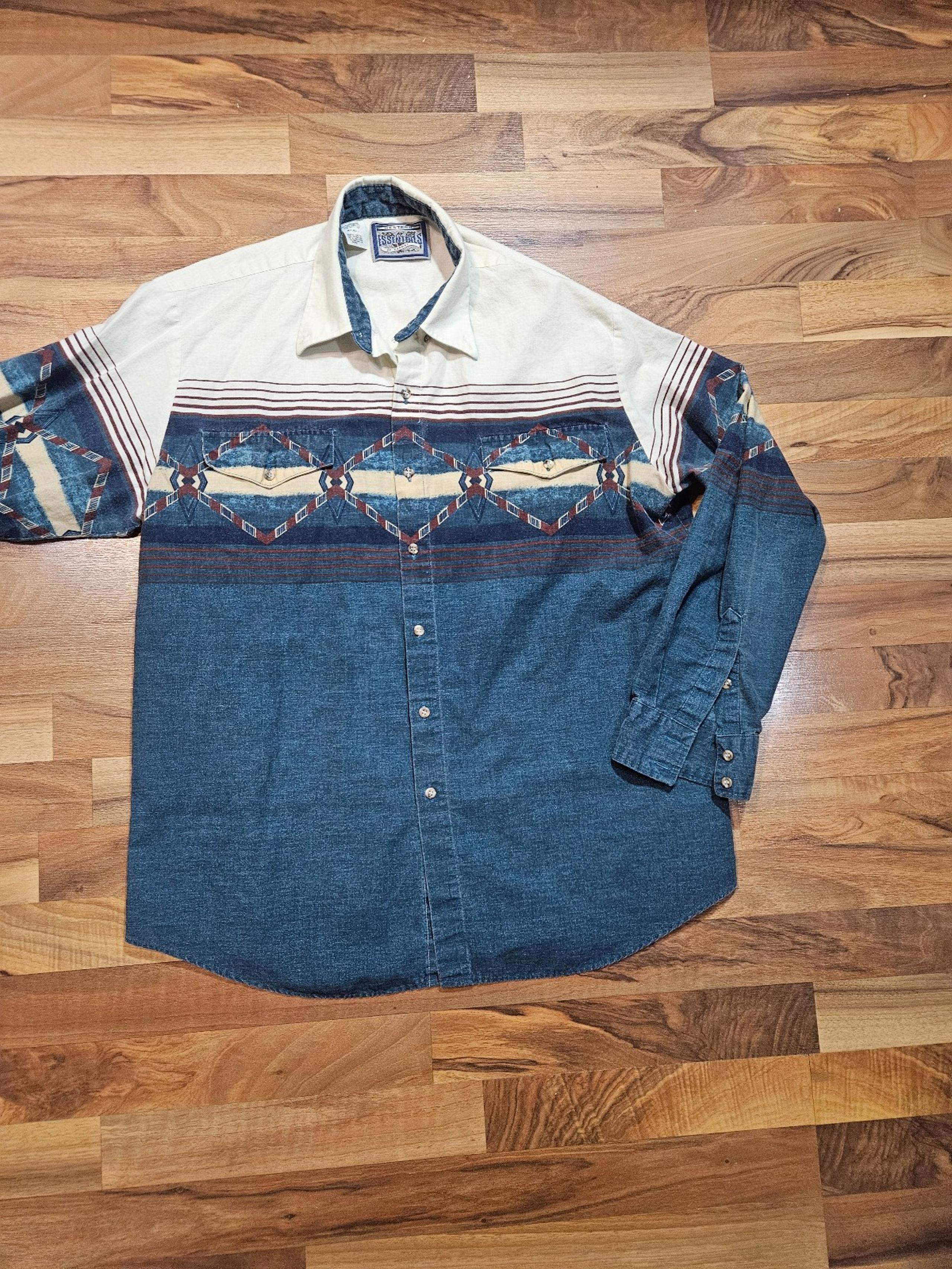 Western Essentials by Karman Shirt XL Vintage Aztec Chambray Denim Button-Up