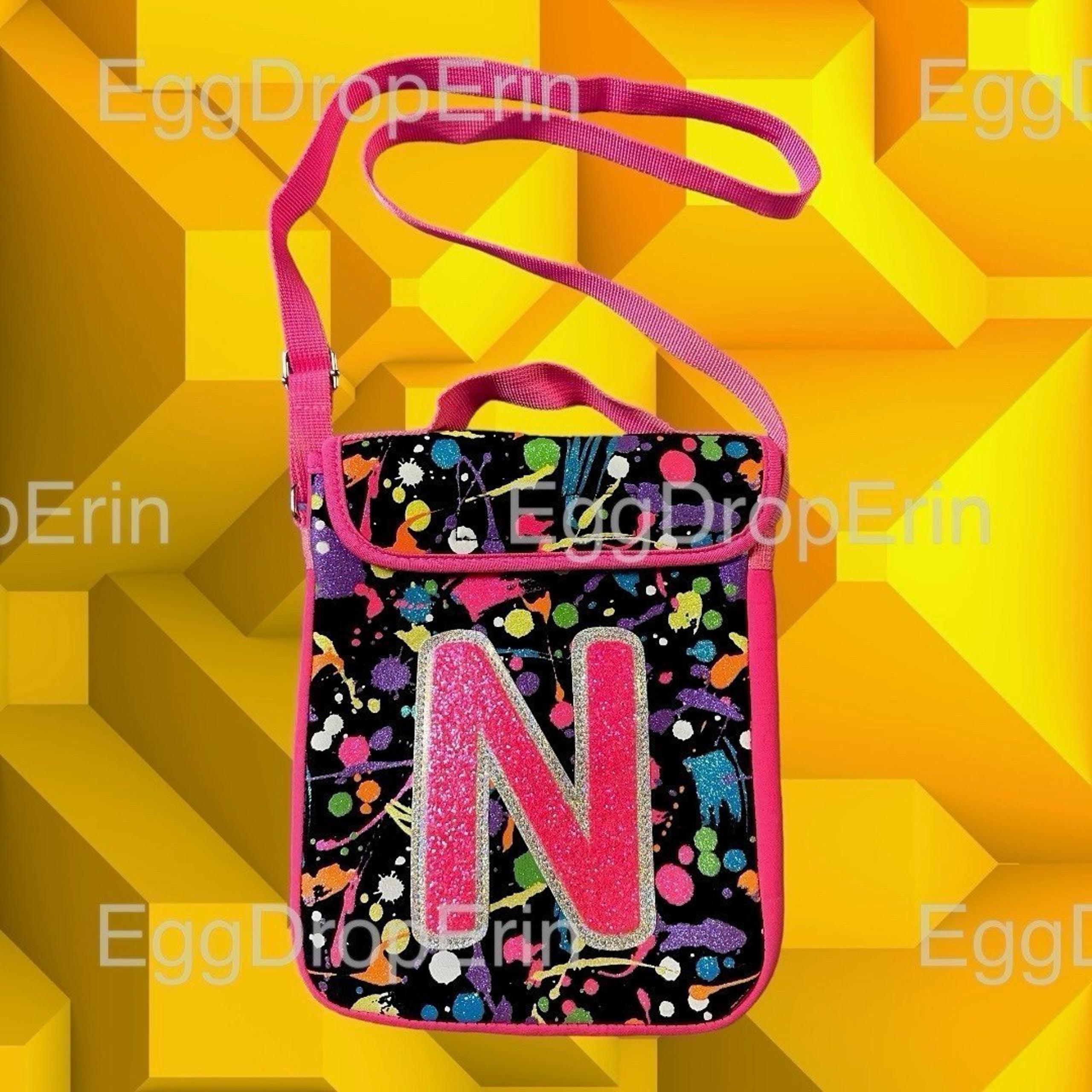 Justice Paint Splatter Monogram Bag N Pink Glittery Adjustable Crossbody