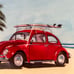 California Beach Volkswagen Beetle Watercolor Painting Signed Sharon Quick Frame