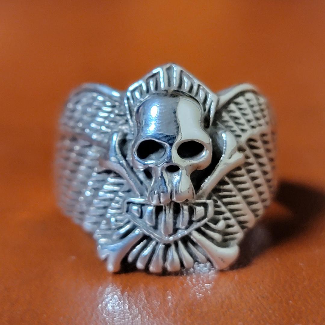 Silver ring skull feather emblem Gordon and Smith style biker