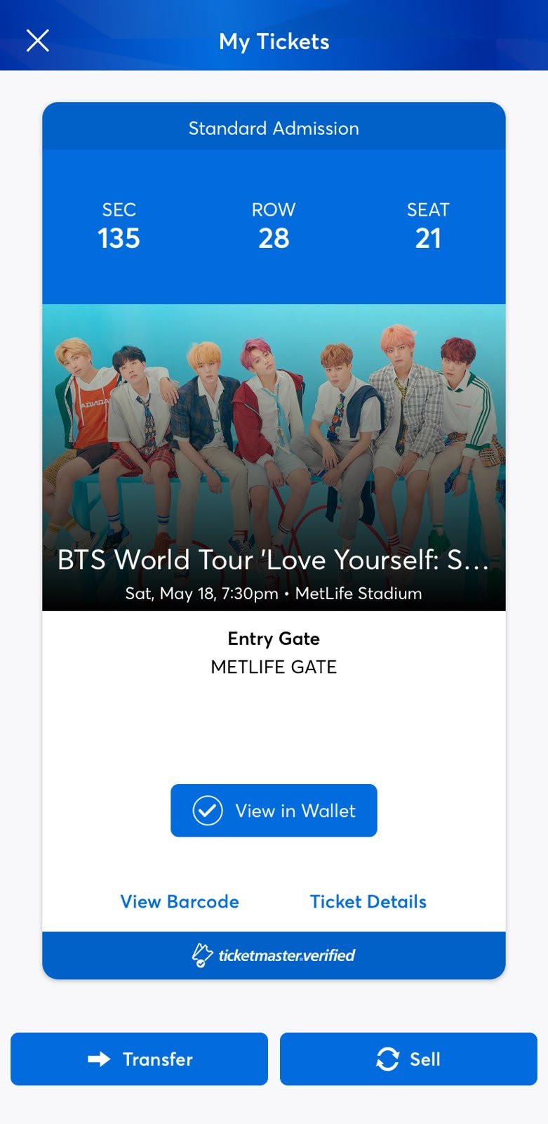 may 18 bts ticket (section 135 row 28)