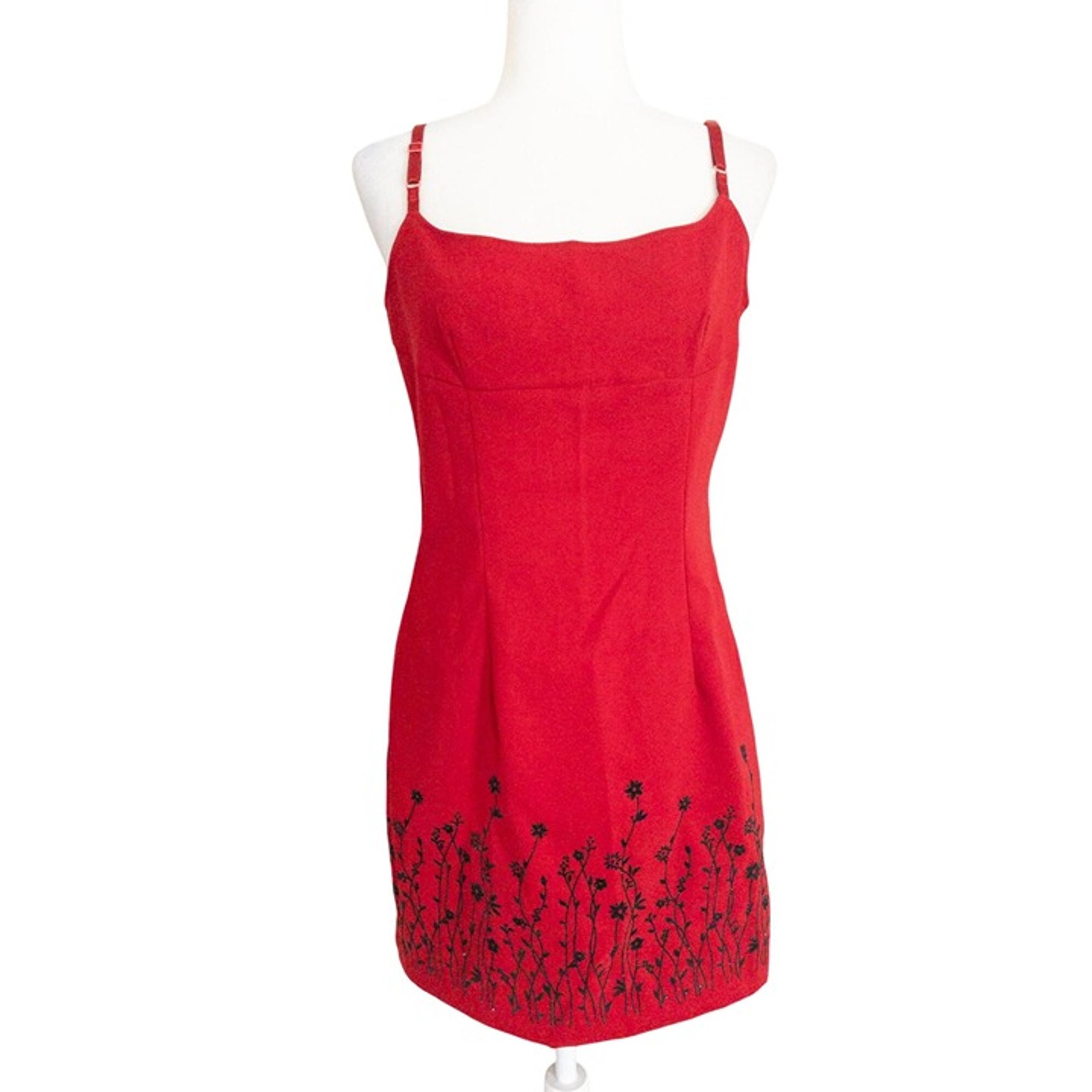 Vintage Y2K City Triangles Red Spaghetti Strap Floral Embroidered Mini Dress Siz