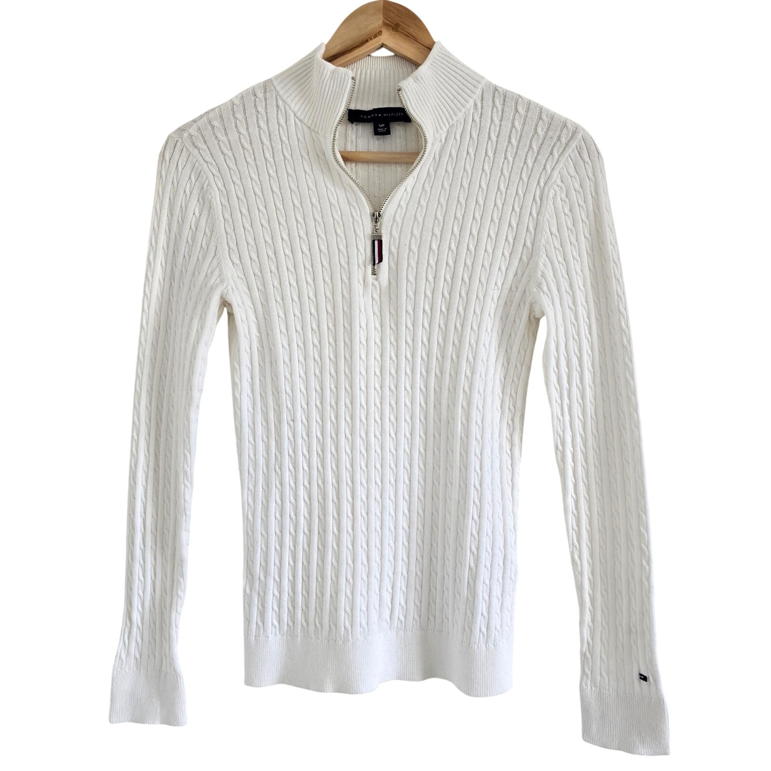 Tommy Hilfiger Women's Y2K Cotton 1/4 Zip Cable Knit Sweater White S Academia