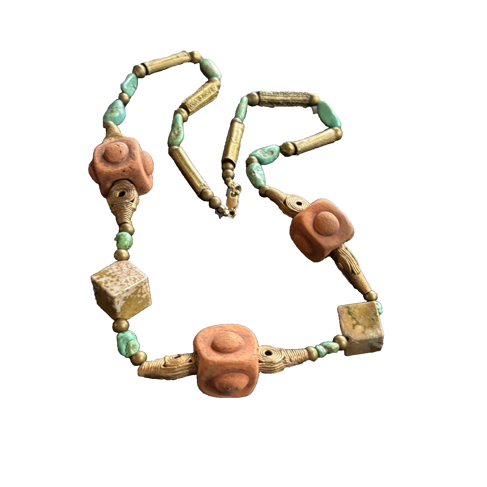 Vintage Tribal BOHO Beaded Necklace Clay, Gemstone, Brass Beads 31 Long