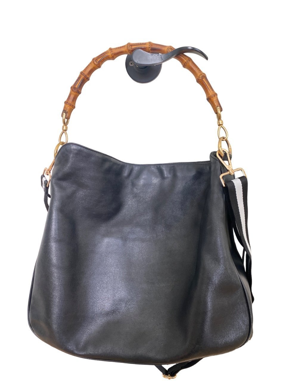Gucci Vintage Hobo Bag Bamboo Black Calf Leather Diana Tote Auth
