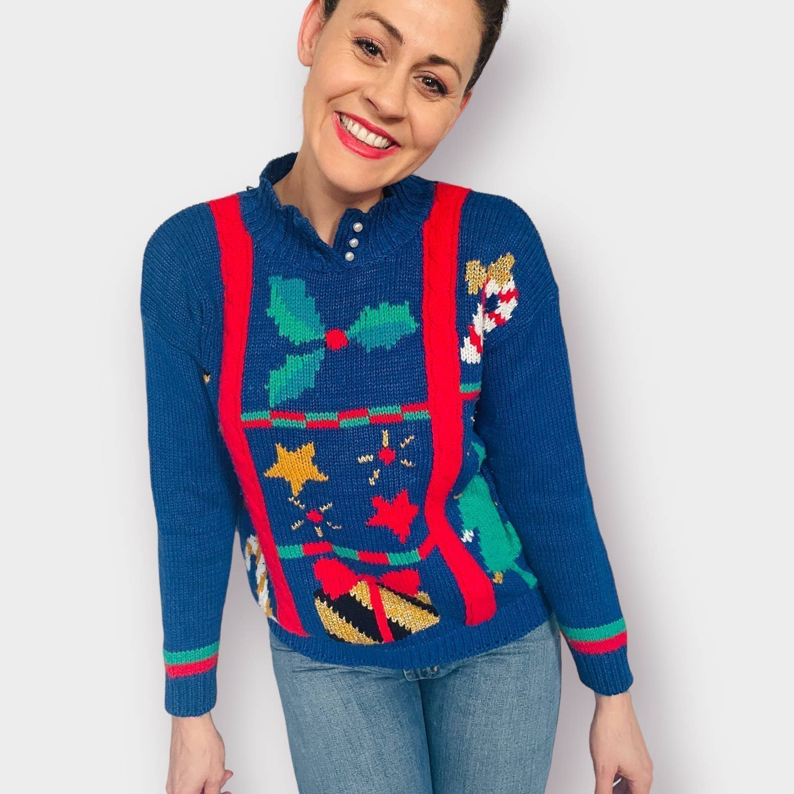 80s Cristina Blue Holiday Sweater