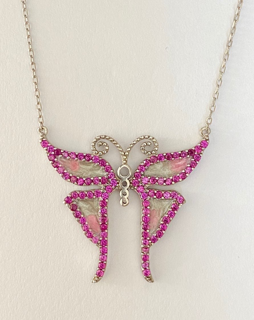 Handmade pink butterfly silver necklace