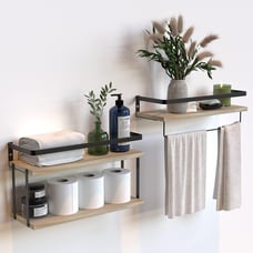 2+1 Tier Set of 2 Rustic Wood Wall Mounted Floating Shelves with Metal NEW