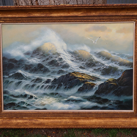 MATT THOMAS SEASCAPE Original Oil Painting On Canvas 45.5x33.5 (Framed, Signed)
