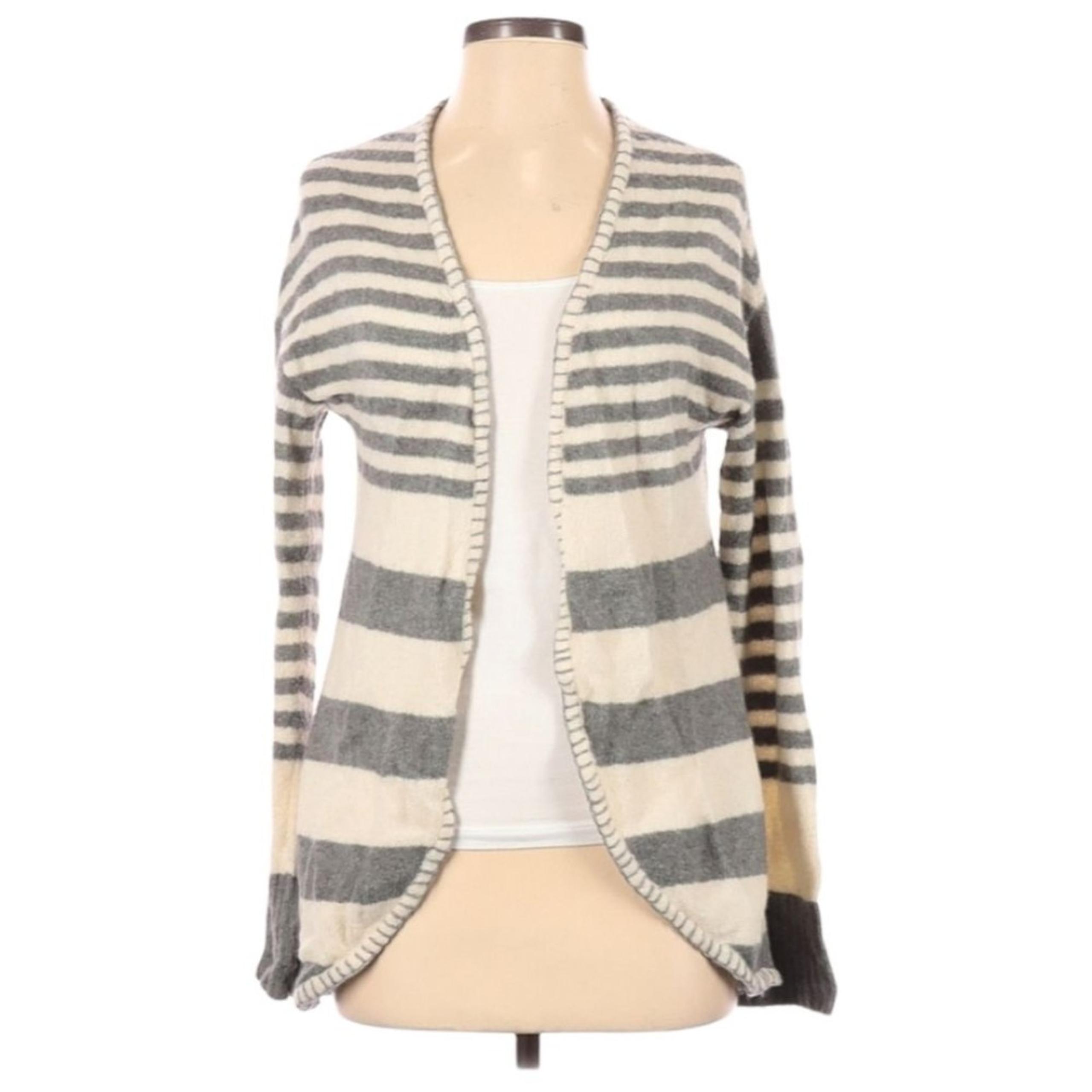 Ecote Cardigan Sweater Size S Gray Ivory Striped Open Front Pockets Wool Blend
