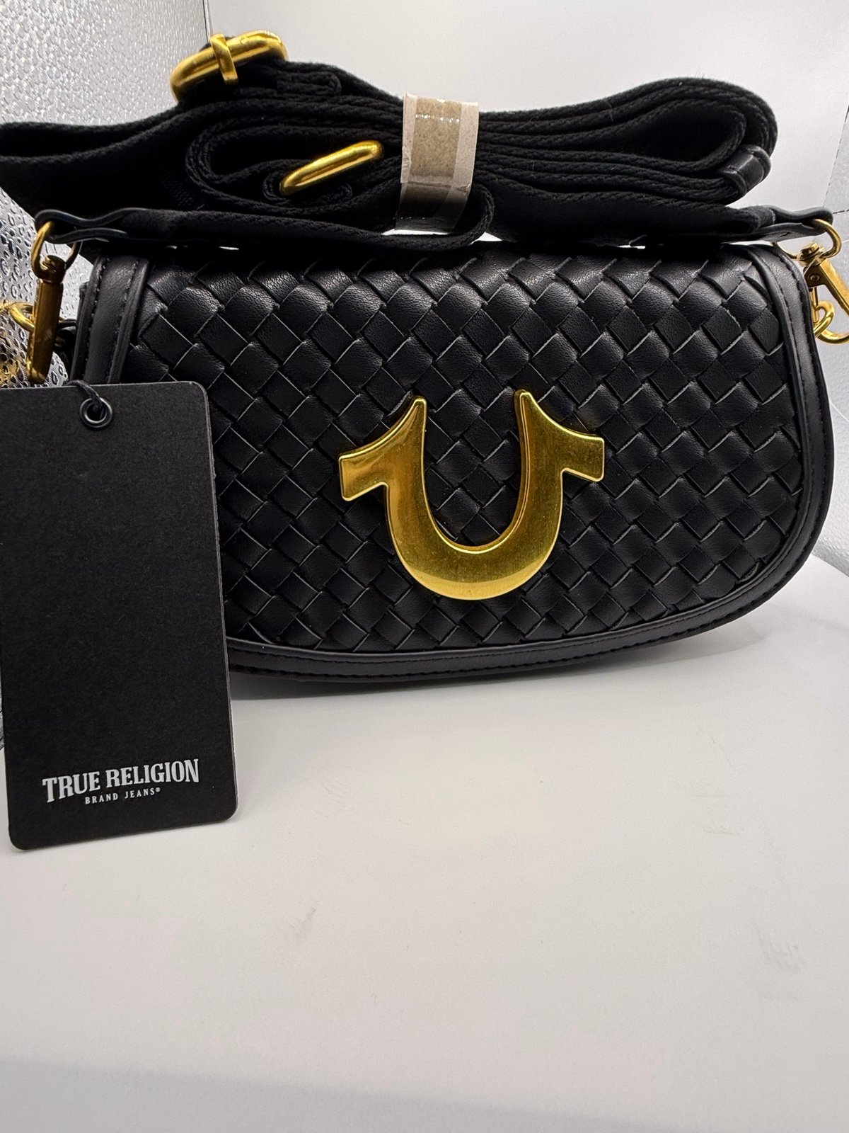True Religion Black Woven Crossbody Bag NWT Gold Logo Designer Purse
