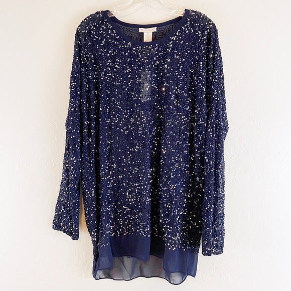 Gold Hawk Sequin Tunic Dressy Blue Top Size Medium NEW