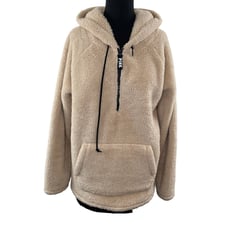 PINK Victoria Secret Beige L Half Zip Hoodie Teddy Fuzzy Long Sleeve Pullover