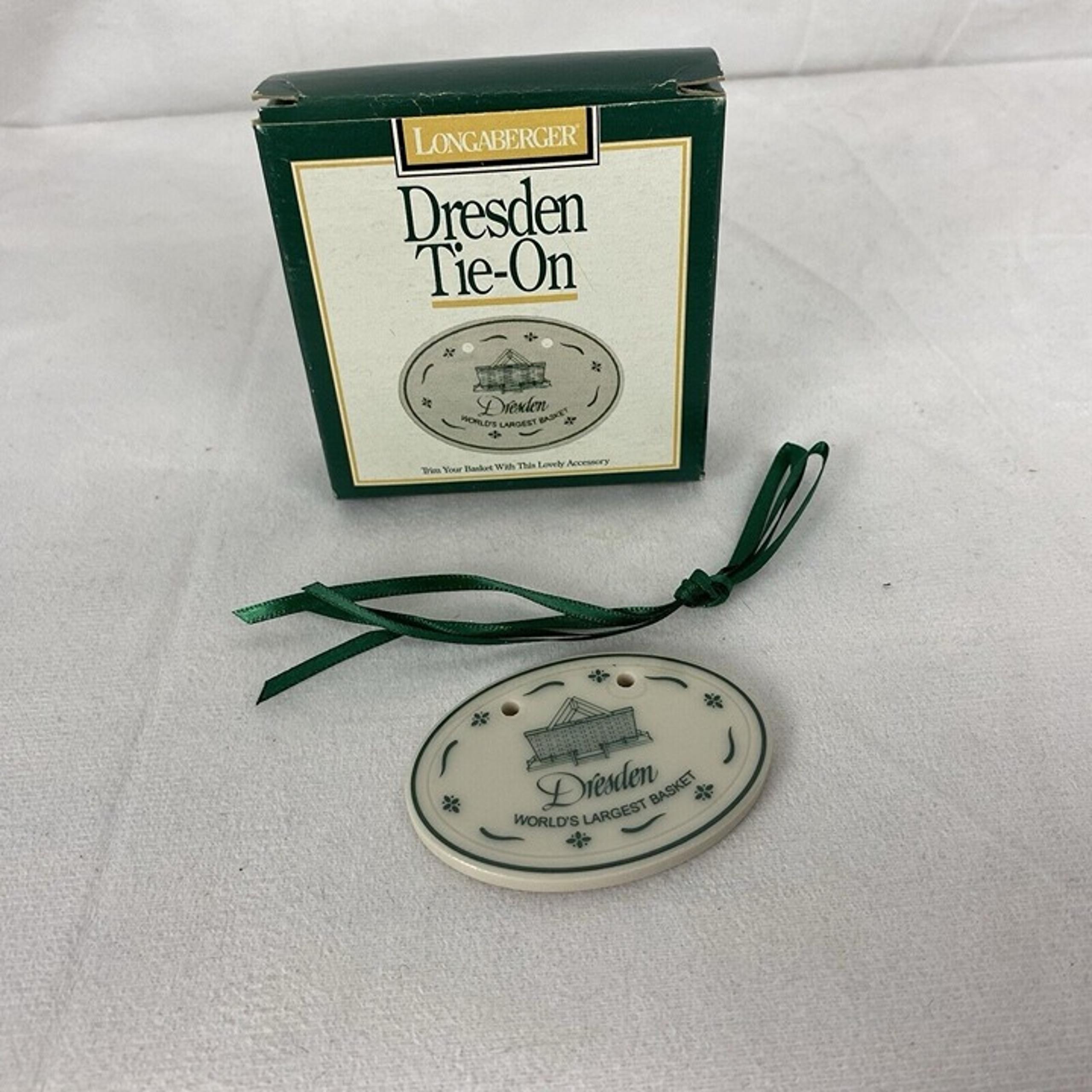 Longaberger Dresden Tie-On Made in USA Green Print Beige Oval w/ Green Ribbon